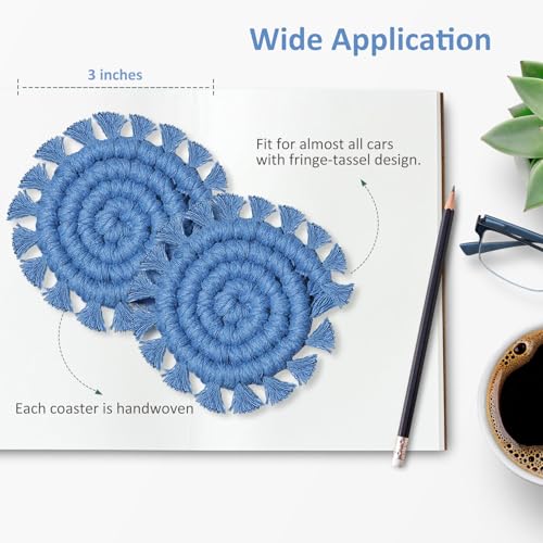 Cotton Car Coasters for Cup Holders, 2 Pack Car Cup Coasters, Drink Coaster Holder Cute Boho Macrame Cupholder Coaster Accessories for Women-3 inch(Blue) - color: Blue