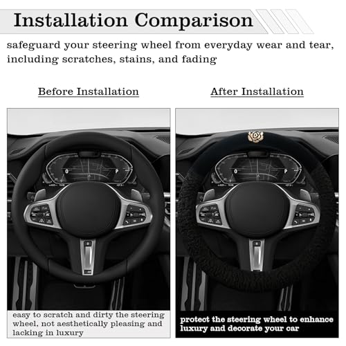 Black Camellia Lambswool Steering Wheel Cover, for Universal Auto Steering Wheel 14.5-15 in, Lambswool Fabric, Anti-Slip, Soft Plush, Comforting and Luxurious, Embroidery Patterns, Soft Texture - color: Black