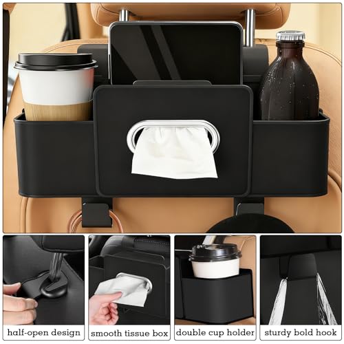 4-in-1 Back Seat Car Organizer, Upgraded Multifunctional Car Storage Box, Hanging Back Seat Storage Organizer, Partition Design, with Phone Holder, Tissue Box, 2 Cup Holders, 2 Hooks