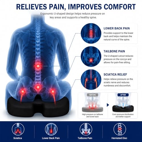 DR.DREAM Seat Cushion for Long Sitting, Cooling Gel Memory Foam Seat Cushion - Back, Sciatica, Coccyx, Tailbone Pain Relief - for Office Chairs, Car Seat, Wheelchair Sitting Cushion (Black) - color: Black