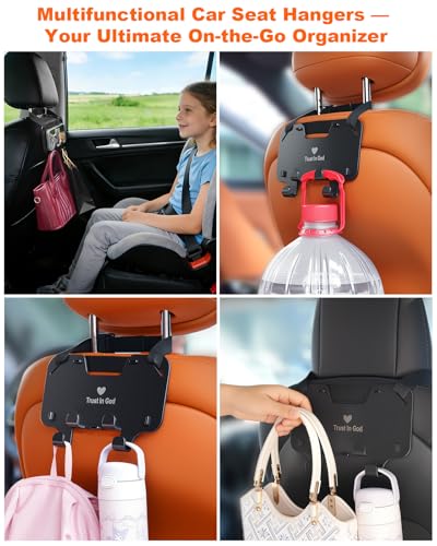 Adjustable Car Seat Headrest Hooks, Universal Fit for All Headrest Styles, Purse Hook with Phone Holder, Car Purse Hooks for Bags, Multifunctional Car Organizers and Storage