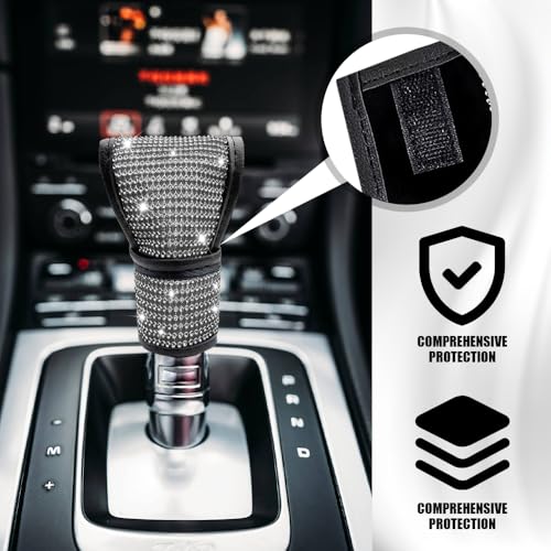 Bling Auto Gear Shift Knob Cover, Rhinestones Car Knob Gear Stick Protector, Sparkly Crystal Car Shifter Lever Cover, Universal Bling Interior Decoration Accessories for Women Girls