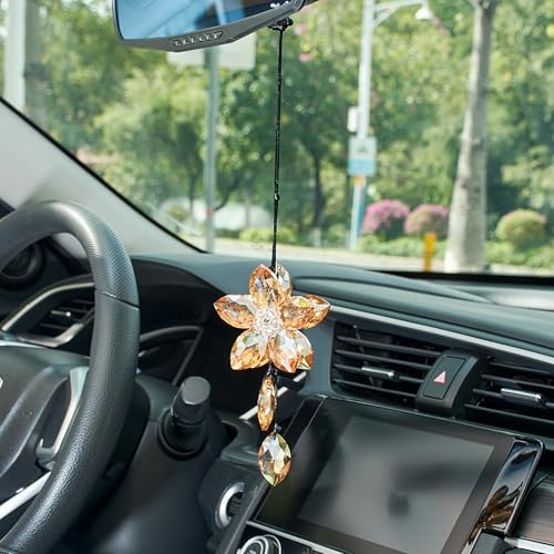 Crystal Flower Car Rear View Mirror Hanging Ornament - Sparkles with Rainbows for a Sense of Luck and Happiness Car Interior Accessories (Champagne) - color: Crystal Flower - Champagne