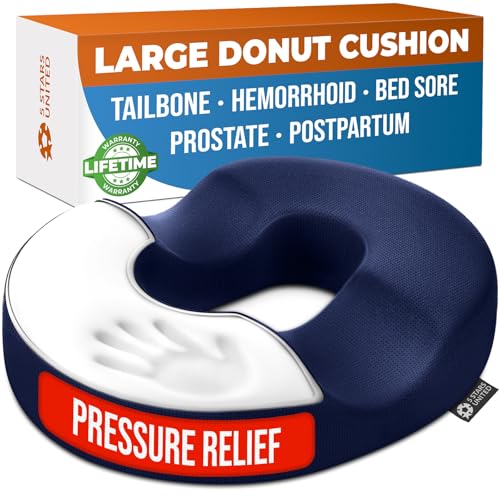 5 STARS UNITED Donut Pillow for Tailbone Pain & Hemorrhoids – Large Memory Foam Seat Cushion for Bed Sore-Prone Areas & Pressure Relief – Prostate, Postpartum & Pregnancy Support, Blue Mesh Cover - color: Blue