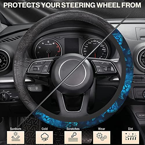 Watercolor Blue Sea Turtle Car Steering Wheel Cover Universal Fit 15 inch, Sweat Absorption Anti-Slip Breathable Neoprene Steering Wheel Protector for Women