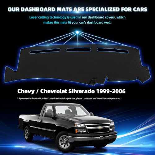 Dashboard Dash Cover Mat for Chevy Chevrolet Silverado 1999 2000 2001 2002 2003 2004 2005 2006 Polyester Custom Fit Silverado Dash Cover (Silverado 1999-2006, Black) - size: Chevy Silverado 1999-2006
