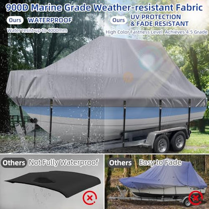 Marine Grade Waterproof Center Console Boat Cover with T Top Roof, Tear Resistant Trailerable Storage Covers, All-Weather Protection T-Top Boat Cover 26-28 ft, Beam Width Up to 116", Gray
