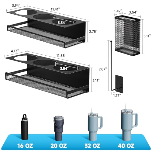 4 Pack Magnetic Cup Holder for Fridge, 40 OZ Metal Tumbler Holder for Stanley Cup, Magnetic Water Bottle Organizer with Lid Straw Holder Set Heavy Duty (Black)