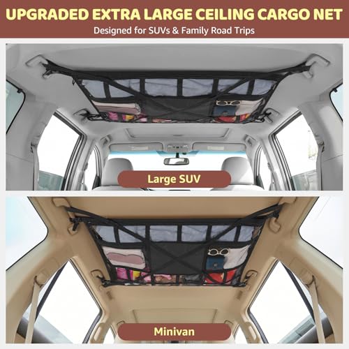 Extra Large Car Ceiling Cargo Net 43.3×27.5 Inch for SUV Minivan Truck Van,Roof Storage Organizer, Overhead Mesh Cargo Holder,Fits Most 4 Handle Vehicles for Road Trip Camping Travel - size: 43.3"×27.5"