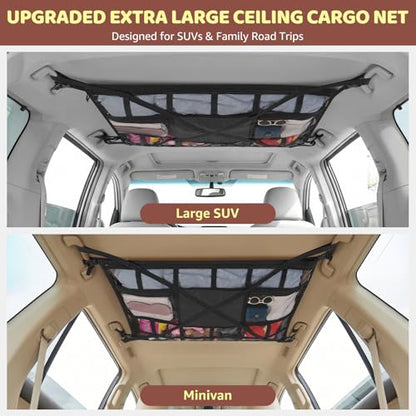 Extra Large Car Ceiling Cargo Net 43.3×27.5 Inch for SUV Minivan Truck Van,Roof Storage Organizer, Overhead Mesh Cargo Holder,Fits Most 4 Handle Vehicles for Road Trip Camping Travel - size: 43.3"×27.5"