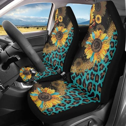 Car Seat Covers Sets for Women Leopard Sunflower Auto Saddle Blankets Seat Cover High Back Bucket Seat Cover Universal Fit for Most Cars SUVs Trucks Vans - color: Leopard Sunflower
