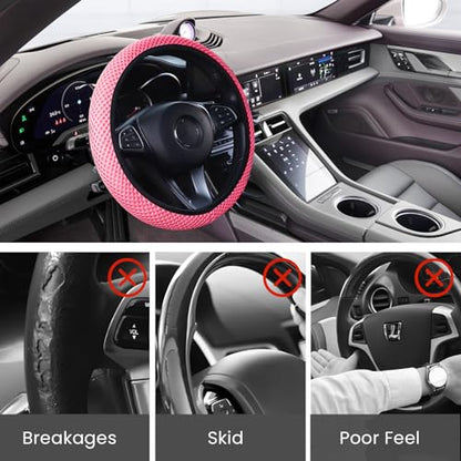 Elastic Stretch Car Steering Wheel Cover, Comfortable Steering Wheel Cover Universal for 14.5-15 Inch, Warm in Winter & Cool in Summer, Anti-Slip Breathable Ice Silk (Pink) - color: Pink