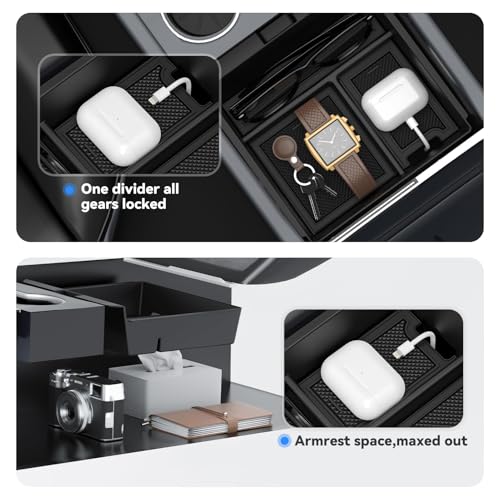 5-PCS Center Console Organizer for Tesla Model Y Juniper 2025-2026 & Model 3 Highland 2024-2026 Accessories – Sliding Tray, Hidden Storage, Cup Holder, Camera Cover, Noise-Reducing, Easy Install