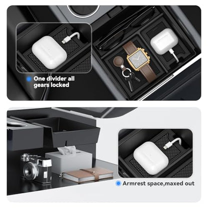 5-PCS Center Console Organizer for Tesla Model Y Juniper 2025-2026 & Model 3 Highland 2024-2026 Accessories – Sliding Tray, Hidden Storage, Cup Holder, Camera Cover, Noise-Reducing, Easy Install