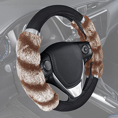BDK Bear Fur Steering Wheel Cover, Plush Faux Fur Fuzzy Steering Cover for Car Truck Van SUV, Standard Size Fits Wheels 14.5-15 in Diameter, Two Tone Black/Brown with Glitter - color: #39 Brown with Glitter, size: Fits 14.5 - 15" SW