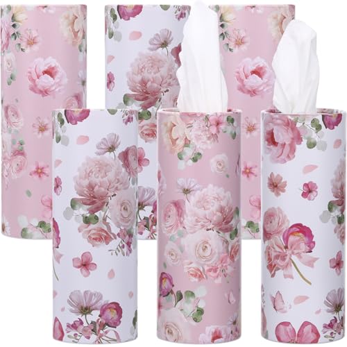 Ctosree 6pk 50 Sheets Car Tissues Holder with Facial Tissues 3-ply Travel Tissue Tubes Box Container Fit for Car Cup Holder Floral Cylinder, 7.1 Inch(Pink,White) - color: Pink,White
