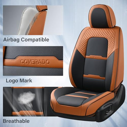 Coverado Car Seat Covers Front Seats, 2 Piece Car Seat Protector with Removable Headrest, Nappa Leather Breathable Front Seat Cushion Side All Wrapped Universal Fit Truck Automotive Most Cars Brown - color: Nappa-Black&Brown, size: Front