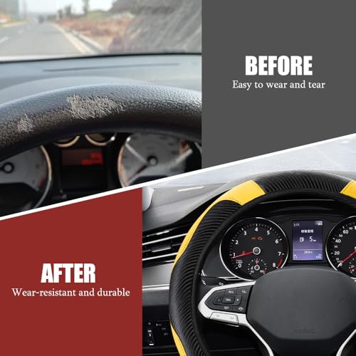 Car Steering Wheel Cover, Steering Wheel Protector, Universal 14.5-15 Inch Microfiber Leather Breathable Auto Steering Wheel Covers, Carbon Fiber Steering Wheel Cover for Women Men (Yellow) - color: Yellow
