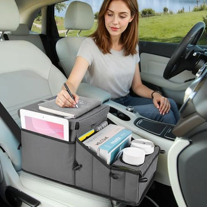 COOLBEBE Car Seat Organizer, Backseat Car Organizer with Cup Holders for Kids and Adults Travel, Cooler Compartment Passenger Seat Organizer Storage Box for Front or Middle Seat, Grey