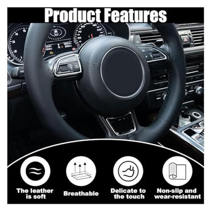 Car Genuine Leather Steering Wheel Cover, DIY Sewing with Needle and Thread, Breathable, and Anti-Slip, Universal 15 Inch Car Steering Wheel Stitching Wrap (Black, Glossy) - color: Black, size: 15 inches - Glossy