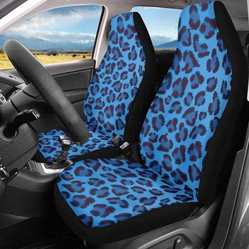 Blue Leopard Print Car Front Seat Covers, Thin Breathable Easy to Install Automotive Bucket Seat Covers Fits Most Cars SUV Trucks, 2 Piece - color: Blue Leopard