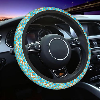 Swono Automotive Steering Wheel Covers Mermaid Scales Watercolor Blue and Gold Fish Scales Neoprene Car Wrap Cover Stretch-On Fabric Breathable Universal 15 Inch for Women Men - color: multi-065