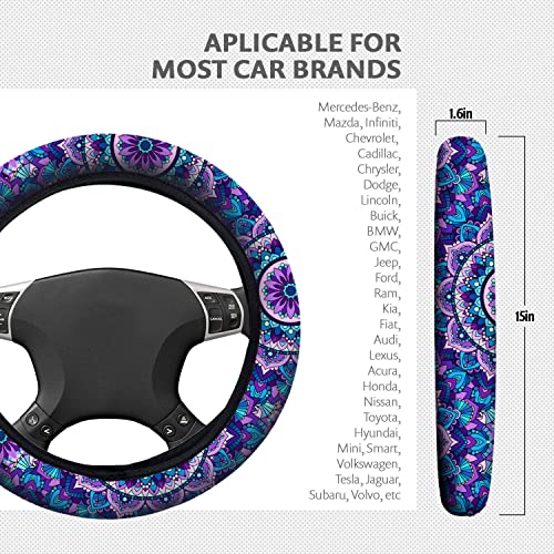 4 Pieces Mandala Purple Lotus Steering Wheel Cover Set with 2pcs Car Cup Coasters & Quarter Keyring, Cute and Fashionable Non-Slip Purple Steering Wheel Cover, Universal Fit 14-15.5 inches