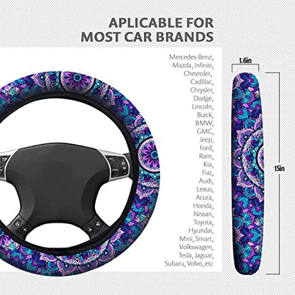 4 Pieces Mandala Purple Lotus Steering Wheel Cover Set with 2pcs Car Cup Coasters & Quarter Keyring, Cute and Fashionable Non-Slip Purple Steering Wheel Cover, Universal Fit 14-15.5 inches - color: Purple Mandala
