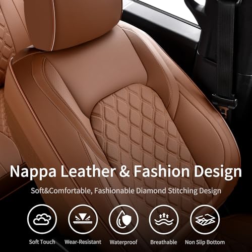 Huidasource Fit for Brown Chevy Silverado Seat Covers, GMC Sierra Seat Covers, Thickened Nappa Leather Truck Seat Cover 2007-2013&2019-2025 1500, 2020-2025 2500HD 3500HD Crew Double Extended Cab - color: Brown, size: Full Set 2007-2013&2019-2025 (Flat Ben