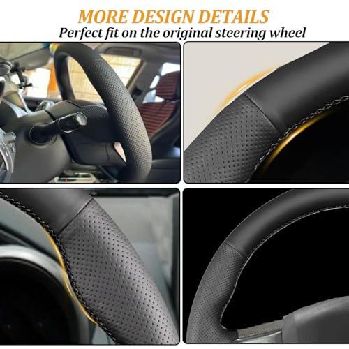 Hand Stitch Steering Wheel Cover Customized Fit for Toyota Tacoma 2012-2021, 4Runner 2010-2021, Tundra Sequoia 2014-2021 Black Leather