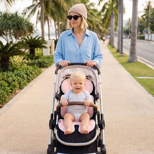 Momcozy Stroller Cooling Pad | Universal Soft Cooler Pad, Breathable & Adjustable Seat Liner | Detachable 2-Piece Cooling Cushion | Fits Strollers, Crib, High Chair, Bassinet, Swing - color: Pink