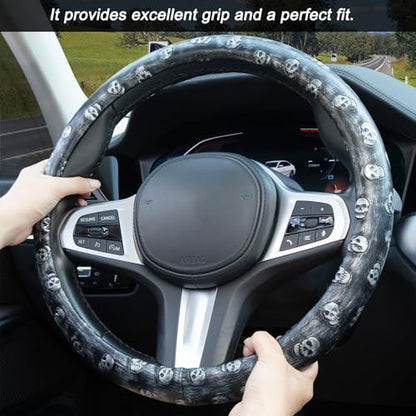 Embossed Skull Steering Wheel Cover, Skull Car Accessory, Microfiber Leather with Anti-Slip Lining, Fits 14.5"-15" Steering Wheels - color: Black silver