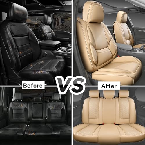 CAR PASS Nappa Leather Car Seat Covers 5 Seat, Luxury Lumbar Support, Waterproof Breathable Durable All Coverage Leatherette Seat Covers for SUVs,Pickups,Trucks,Vehicles (Full Set Solid Beige) - color: Beige