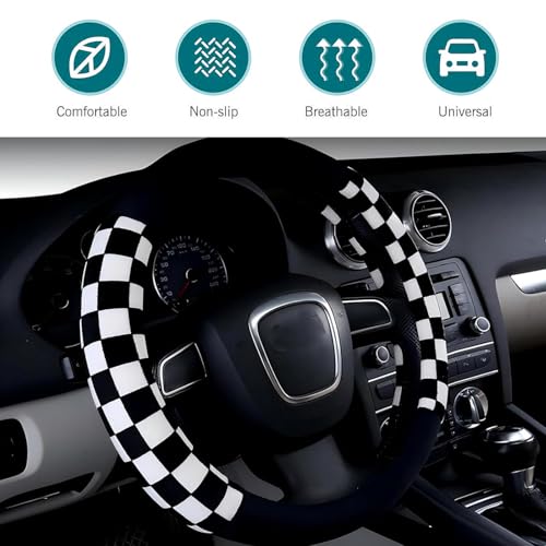 1 PC Fluffy Car Steering Wheel Covers, 14.5" -15" Soft Plush Warm Plaid Steering Wheel Protector, Universal for Most Cars, Trucks, SUVs (Black)