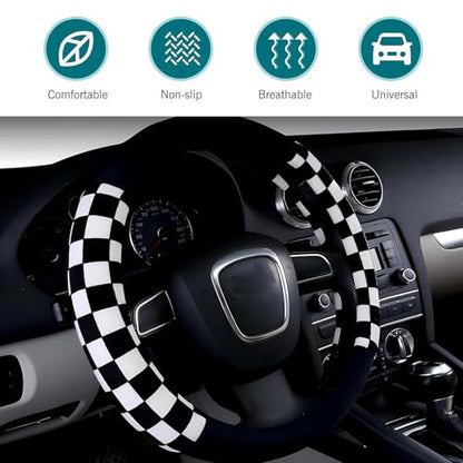 1 PC Fluffy Car Steering Wheel Covers, 14.5" -15" Soft Plush Warm Plaid Steering Wheel Protector, Universal for Most Cars, Trucks, SUVs (Black)