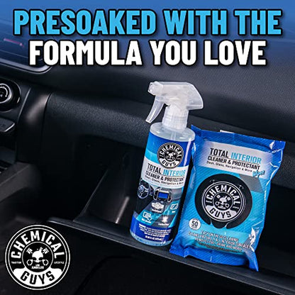 Chemical Guys Total Interior Cleaner & Protectant Wipes – 50 Pack Multi Surface Car Interior Cleaning Wipes for Dashboards, Doors and Seats – Safe for Trucks, SUVs, RVs and Home Use
