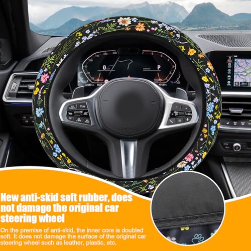 Car Steering Wheel Cover, Flowers Elastic Stretch Anti-Slip Vehicle Steering Wheel Protecter, Breathable Sweat Absorption Automotive Interior Accessories, Universal Fit
