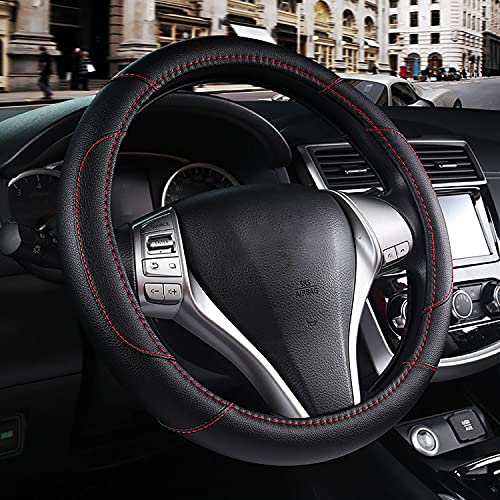 Leather Car Steering Wheel Cover, Non-Slip Car Wheel Cover Protector Breathable Microfiber Leather Universal Fit for Most Cars(Black) - color: Black