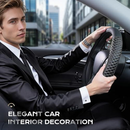 Coverado Car Steering Wheel Cover, Nappa Leather Black & Grayline Steering Wheel Covers, Universal 14-15 inch, Anti-Slip, Breathable Steering Wheel Protector for Women Men - color: C-Greyline