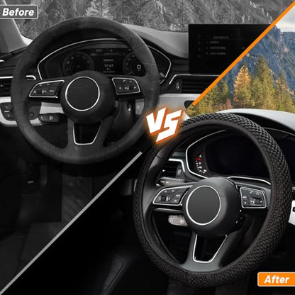 KAFEEK Elastic Stretch Steering Wheel Cover,Warm in Winter and Cool in Summer, Universal 15 inch, Microfiber Breathable Ice Silk, Anti-Slip, Odorless, Easy Carry,Black - color: black