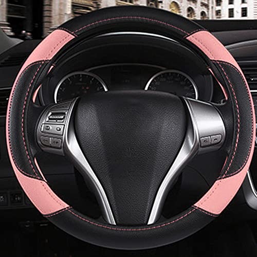 Leather Car Steering Wheel Cover, Non-Slip Car Wheel Cover Protector Breathable Microfiber Leather Universal Fit for Most Cars(Pink) - color: Pink