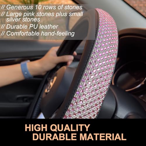 D Shaped Bling Comfy Steering Wheel Cover with Jumbo Crystal Rhinestones, Anti-Slip Diamond Leather, Flat Bottom 14.5-15 Inch (Pink) - color: 2.Pink, size: D Shaped/Flat Bottom[14 1/2''-15'']