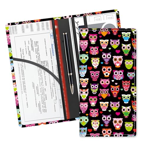 Leather Car Registration and Insurance Card Holder, Cute Car Accessories Vehicle Glove Box Car Organizer for Documents, Cards, License Cute Colorful Owls