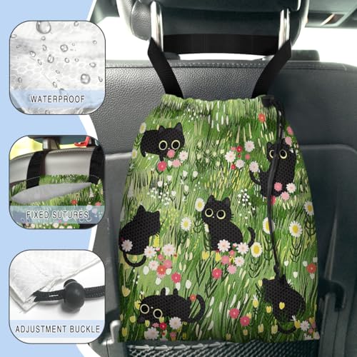 Car Trash Bag Hanging Back of Seat Waterproof Small Cute Printed One-Handed Strap Drawstring Garbage Bags for Car-Black Cat Floral - color: Black Cat Floral Car Trash Bag