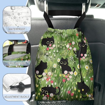 Car Trash Bag Hanging Back of Seat Waterproof Small Cute Printed One-Handed Strap Drawstring Garbage Bags for Car-Black Cat Floral - color: Black Cat Floral Car Trash Bag