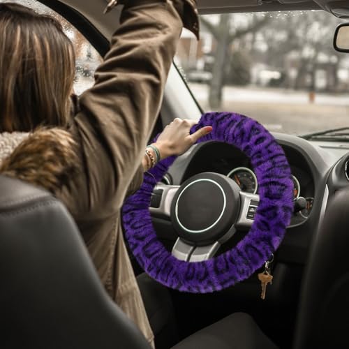 Accmor Fuzzy Car Steering Wheel Cover, Universal Fit Fur Car Wheel Cover & Handbrake Cover & Gear Shift Cover Set, Fluffy Fashion Leopard Print Auto Steering Wheel Protector for Women Girls(Purple) - color: Purple/Dark Leopard