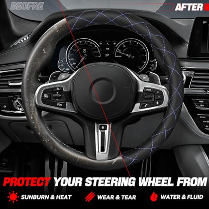 Auto Dynasty Steering Wheel Cover, Breathable Microfiber Leather Car Steering Wheel Protector with with Stylish Blue Diamond Stitch, Anti-Slip, [14 1/2 to 15 Inches] Universal Fit Cars Trucks SUVs - color: Stitched Blue