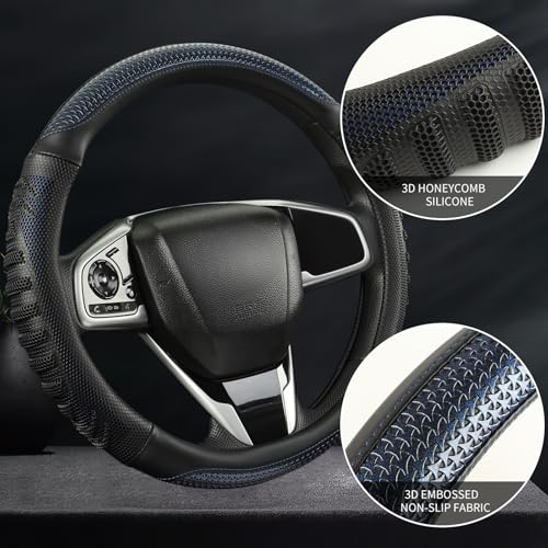 14 inch Steering Wheel Cover Great Grip with 3D Honeycomb Hole, Anti-Slip Sporty Design, Small 13.5-14 inch(Black with Blue) - color: Black with Blue, size: Round-Small[13.5''-14'']