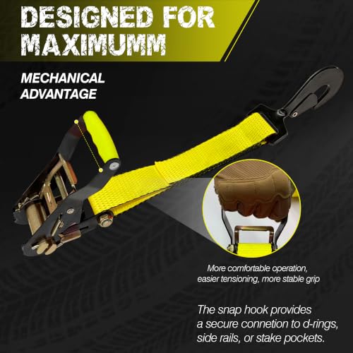 2'' x 114'' Heavy Duty Adjustable Car Tie Down Straps with Snap Hook for Trailers, 10,000 lbs Break Strength, Axle Tire Ratchet Straps with Snap Hooks for Hauling UTV, SUV, Truck, Any Cars - Yellow - color: Yellow