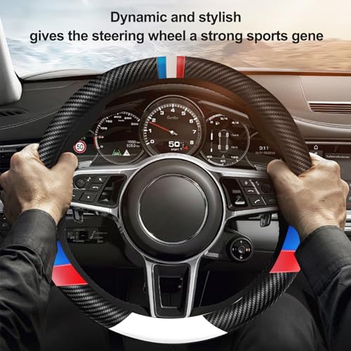 Carbon Fiber Leather Sport Car Steering Wheel Cover Sports Steering Wheel High-Grade Leather Set Stylish Non-Slip Leather car Interior 15 inches for All Car Steering Wheel Cover
